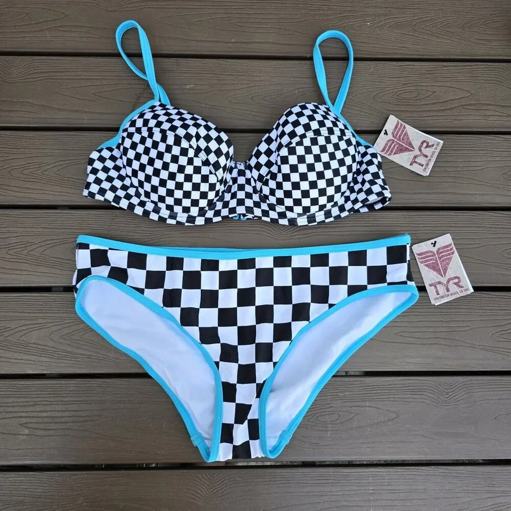 TYR Women Black/white Push Up Underline Top (M ) & Checkered Bikini (S) New